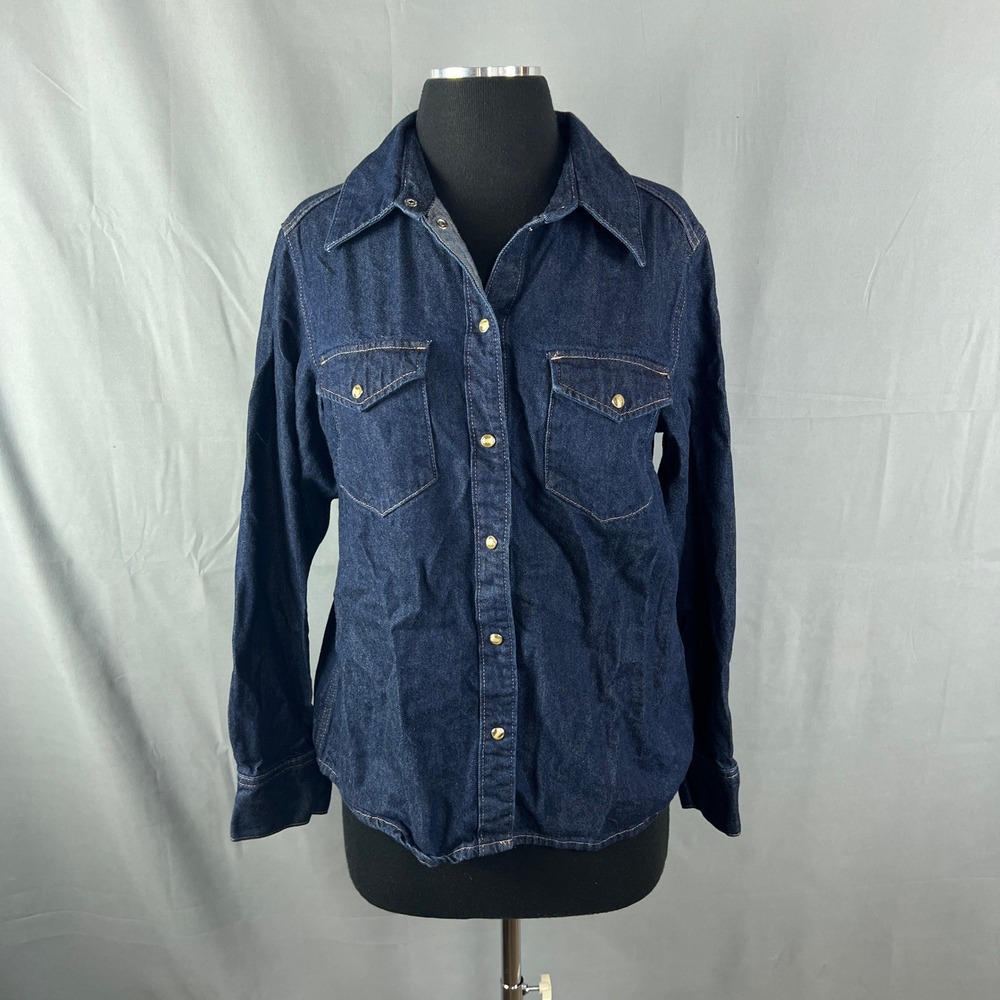 & Denim Western Shirt Womens Small Blue Cotton Dual Flap Pocket Classic Collar